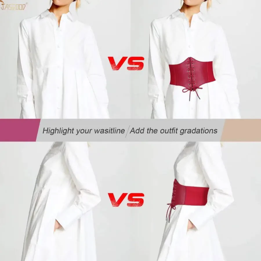 JASGOOD Red Corset Wide Belt for Women Plus Size Tied Elastic Belts for Ladies Dresses - 2