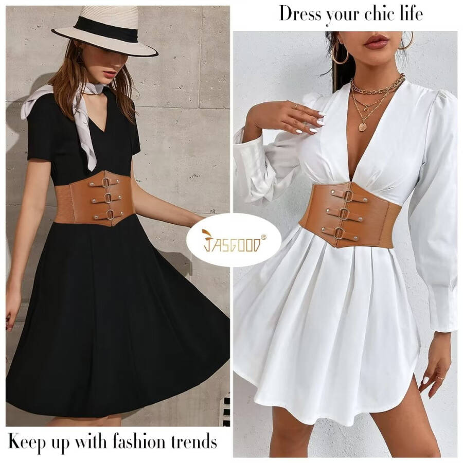 JASGOOD Women Corset Belts Wide Elastic Waspie Brown Waist Belt for Dress - 2