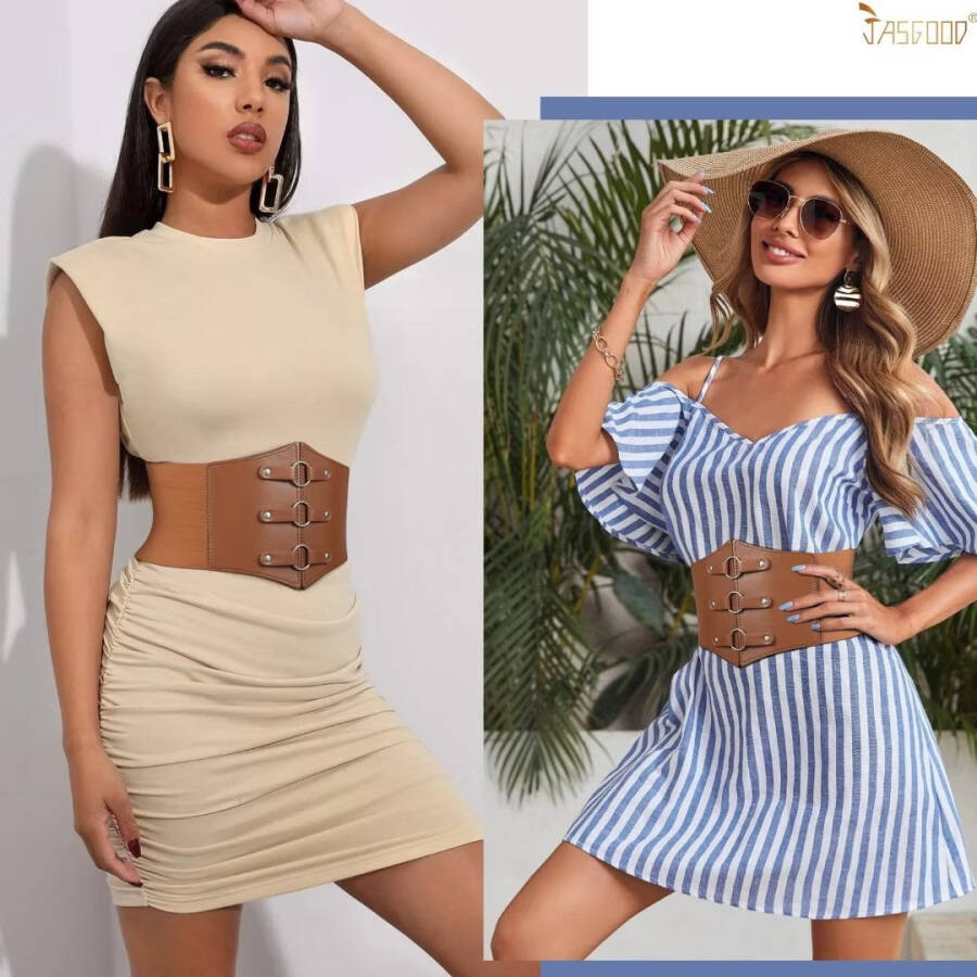 JASGOOD Women Corset Belts Wide Elastic Waspie Brown Waist Belt for Dress - 3