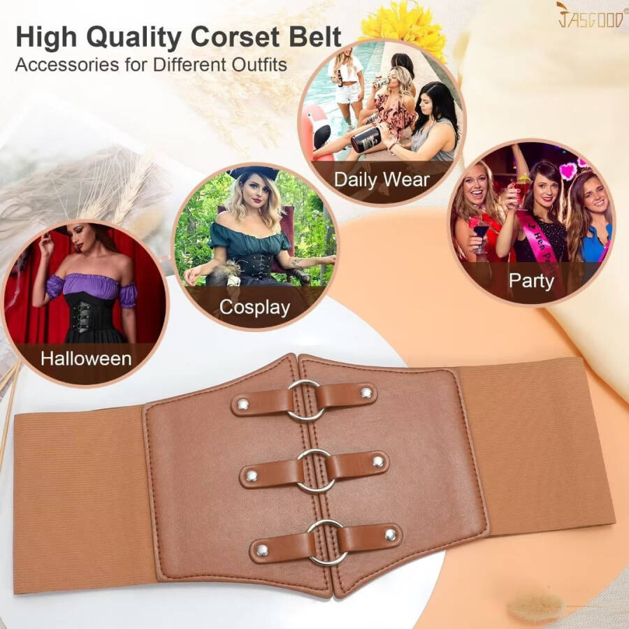 JASGOOD Women Corset Belts Wide Elastic Waspie Brown Waist Belt for Dress - 4