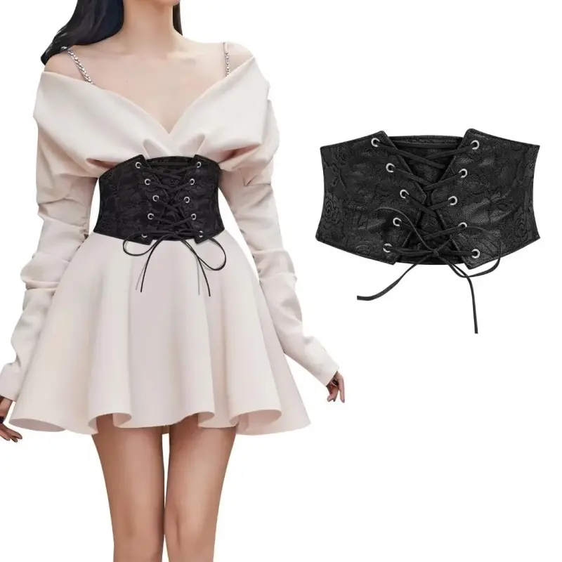 JASGOOD Women Elastic Wide Belt Lace-up Tied Waspie Black Corset Belts for Dress-BLACK - 1