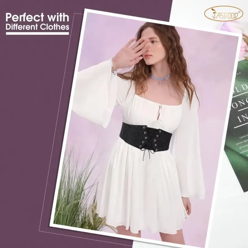 JASGOOD Women Elastic Wide Belt Lace-up Tied Waspie Black Corset Belts for Dress-BLACK - 4