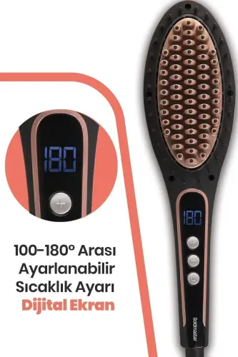 Jasmin Dijital Ekranlı Turmalin Seramik Iyonik Saç Düzleştirici Fırça Tarak - siyah - 4