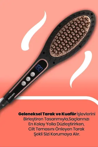 Jasmin Dijital Ekranlı Turmalin Seramik Iyonik Saç Düzleştirici Fırça Tarak - siyah - 5