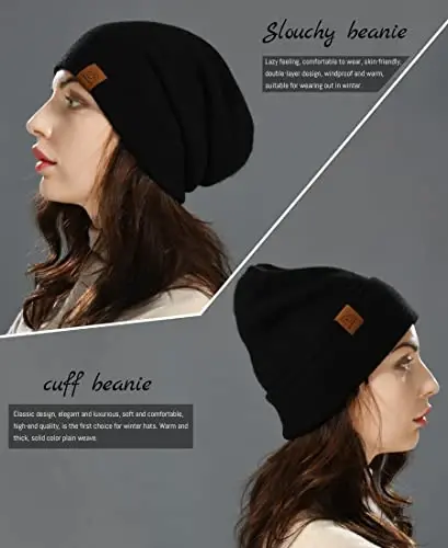 jaxmonoy Slouchy Knit Beanies Winter Hats for Women Men Soft Warm Reversible Slouch Cuffed Skull Knitted Beanie Cap - 3