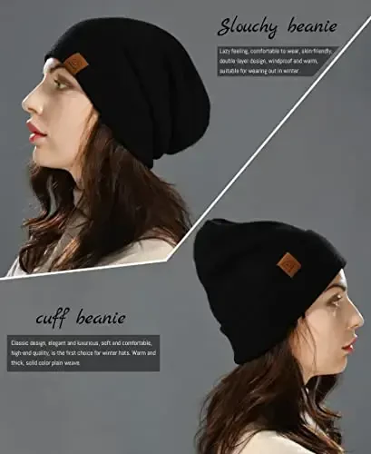 jaxmonoy Slouchy Knit Beanies Winter Hats for Women Men Soft Warm Reversible Slouch Cuffed Skull Knitted Beanie Cap - 3