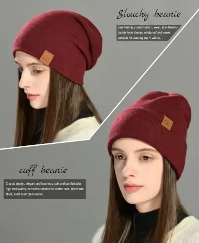 jaxmonoy Slouchy Knit Beanies Winter Hats for Women Men Soft Warm Reversible Slouch Cuffed Skull Knitted Beanie Cap - 3