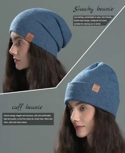 jaxmonoy Slouchy Knit Beanies Winter Hats for Women Men Soft Warm Reversible Slouch Cuffed Skull Knitted Beanie Cap - 3