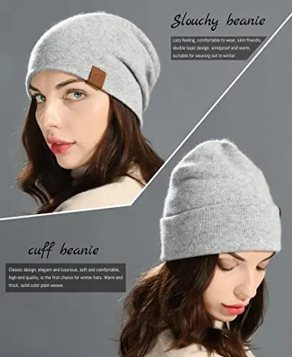 jaxmonoy Wool CasModazoneere Slouchy Knit Beanies Winter Hats for Women Men Soft Warm Double Layer Reversible Slouch Cuffed Skull Beanie Cap - Light Grey - 3