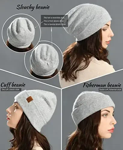 jaxmonoy Wool CasModazoneere Slouchy Knit Beanies Winter Hats for Women Men Soft Warm Double Layer Reversible Slouch Cuffed Skull Beanie Cap - Light Grey - 4