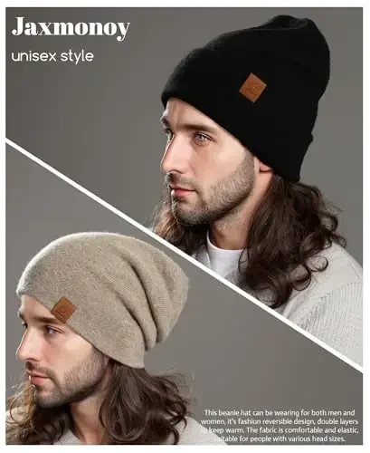 jaxmonoy Wool CasModazoneere Slouchy Knit Beanies Winter Hats for Women Men Soft Warm Double Layer Reversible Slouch Cuffed Skull Beanie Cap - Light Grey - 5