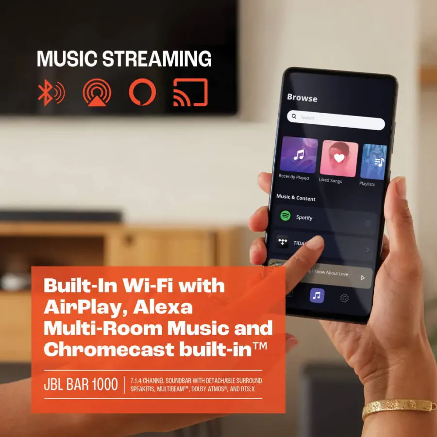 JBL Bar 1000 Surround tovush tizimi 7.1.4 kanal, 10 dyuym simsiz sabvufer va olinadigan orqa karnayli - 4