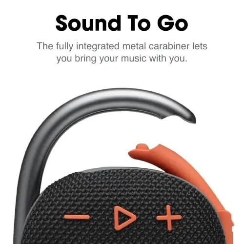JBL Clip 4, Qora/To'q sariq - Portativ Bluetooth 5.1 karnay - 10 soatgacha musiqa tinglash imkoniyati - Suv va changga chidamli - Shovqinni bekor qiluvchi va aks sado beruvchi karnayni o'z ichiga oladi - 3