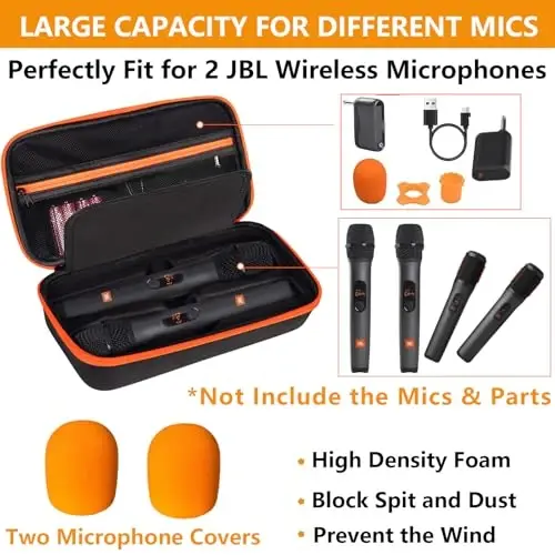 Wireless Microphone Case Compatible with JBL Wireless Two Microphone System, Dual Wireless Microphone Case for Party Box, Singing Karaoke for JBL Mic, Receiver, Adapter, AA Batteries-Orange (Box Only) - 1