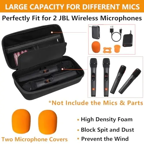 Wireless Microphone Case Compatible with JBL Wireless Two Microphone System, Handheld Dual Mic Travel Bag for Party Box, Singing, Karaoke for JBL mic, Receiver, Adapter, AA Batteries -Black (Box Only) - 2