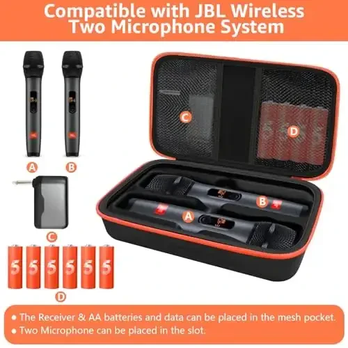 JBL Wireless Two mikrofon tizimi bilan mos keladigan JOSMAX simsiz mikrofon qutisi, qo'shiq kuylash yoki karaoke uchun qabul qiluvchilar, adapterlar, AA batareyalari uchun portativ qo'lda Dual Mic sayohat sumkasi - binafsha - 2