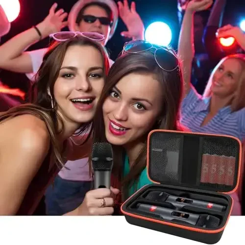 JBL Wireless Two mikrofon tizimi bilan mos keladigan JOSMAX simsiz mikrofon qutisi, qo'shiq kuylash yoki karaoke uchun qabul qiluvchilar, adapterlar, AA batareyalari uchun portativ qo'lda Dual Mic sayohat sumkasi - binafsha - 6