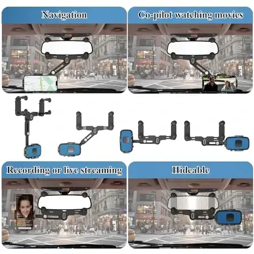 JDHDL Phone Mount for Car, Rear View Mirror Phone Holder, Rotatable and Retractable Car Phone Holder Mount Rearview Mirror Phone Holder for Car Compatible with iPhone Samsung Cell Phones (Blue) - 5