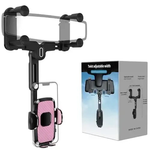 JDHDL Avtomobil uchun telefon ushlagichi, Orqa ko'zgu telefon ushlagichi, Aylanadigan va tortib olinadigan avtomobil telefon ushlagichi Orqa ko'zgu telefon ushlagichi iPhone Samsung uyali telefonlari bilan mos keladi (Pushti) - 1