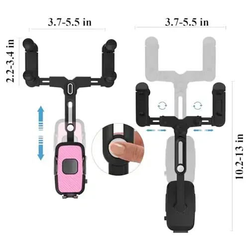 JDHDL Avtomobil uchun telefon ushlagichi, Orqa ko'zgu telefon ushlagichi, Aylanadigan va tortib olinadigan avtomobil telefon ushlagichi Orqa ko'zgu telefon ushlagichi iPhone Samsung uyali telefonlari bilan mos keladi (Pushti) - 7