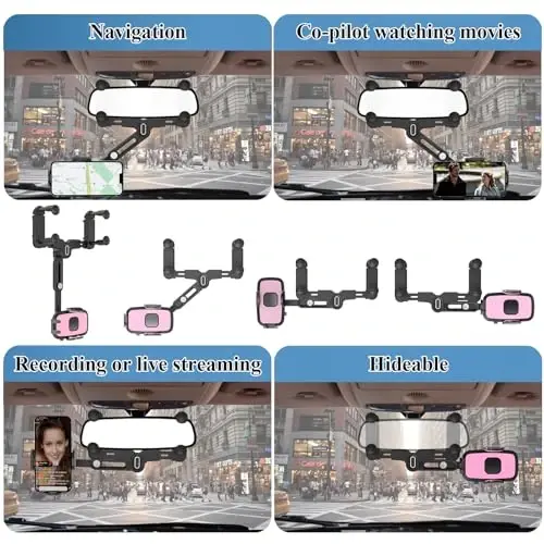 JDHDL Avtomobil uchun telefon ushlagichi, Orqa ko'zgu telefon ushlagichi, Aylanadigan va tortib olinadigan avtomobil telefon ushlagichi Orqa ko'zgu telefon ushlagichi iPhone Samsung uyali telefonlari bilan mos keladi (Pushti) - 5