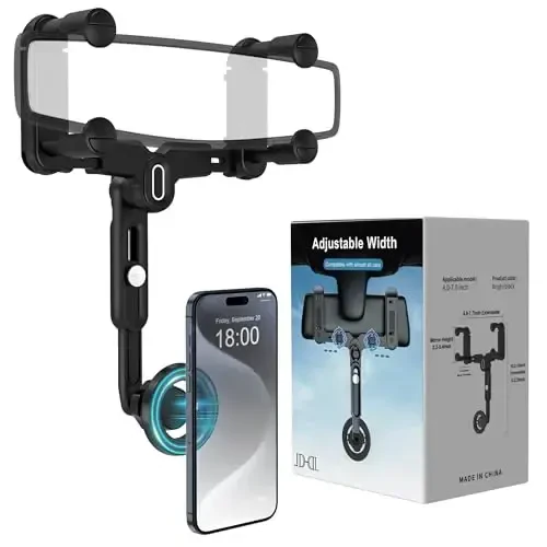 JDHDL for Magsafe Car Mount, Rear View Mirror Phone Holder, Rotatable and Retractable Phone Holder for Car Compatible with iPhone 17/16/15/14/13/12 Series and Phones with Magsafe Case or Metal Ring - JDHDL