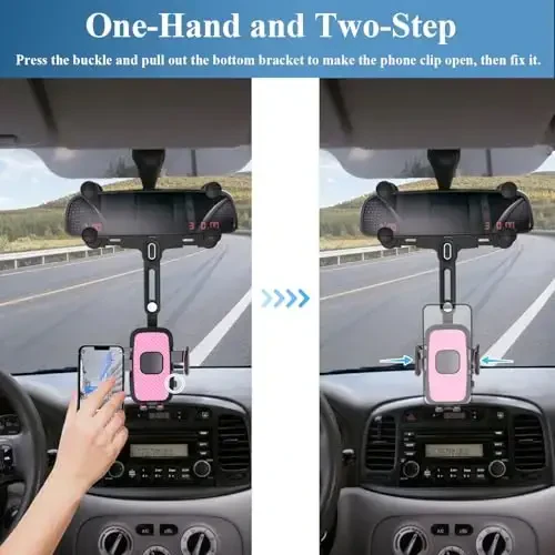 JDHDL Phone Mount for Car, Rear View Mirror Phone Holder, Rotatable and Retractable Car Phone Holder Mount Rearview Mirror Phone Holder for Car Compatible with iPhone Samsung Cell Phones (Pink) - 4
