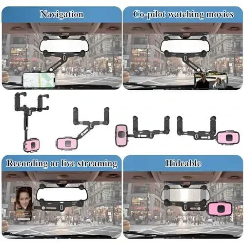 JDHDL Phone Mount for Car, Rear View Mirror Phone Holder, Rotatable and Retractable Car Phone Holder Mount Rearview Mirror Phone Holder for Car Compatible with iPhone Samsung Cell Phones (Pink) - 5