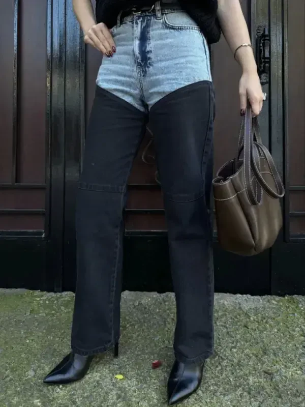 Jeans Kot Parçalı Palazzo Pantolon - Siyah - BÜYÜKBEDENIZ