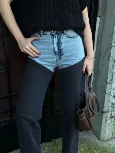 Jeans Patchwork Palazzo Pants - Black - BÜYÜKBEDENIZ (1)