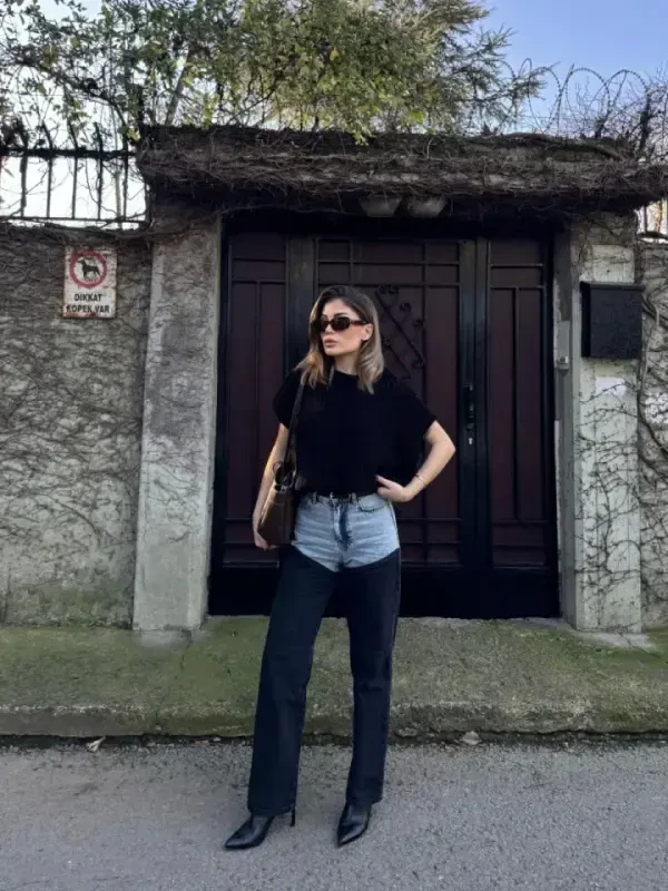 Jeans Patchwork Palazzo Pants - Black - 3