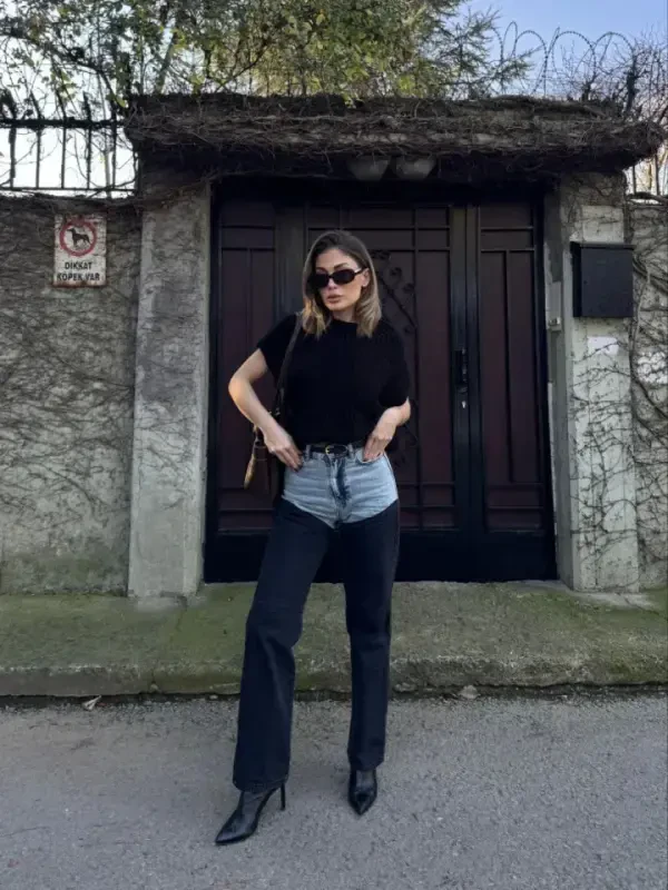 Jeans Patchwork Palazzo Pants - Black - 4