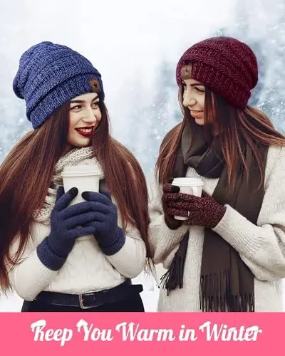 Jeere 4 Pcs Winter Hat and Gloves for Women Fleece Lined Knit Beanie Touchscreen Gloves Warm Skull Hat Set for Cold Weather(Navy Blue, Burgundy) 