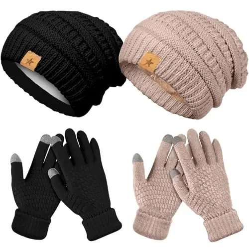 Jeere 4 Pcs Women Winter Glove and Hat Set Winter Hat Touchscreen Gloves Warm Knitted Beanie and Mittens for Women(Black, Caramel) - 1