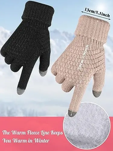Jeere 4 Pcs Women Winter Glove and Hat Set Winter Hat Touchscreen Gloves Warm Knitted Beanie and Mittens for Women(Black, Caramel) - 3