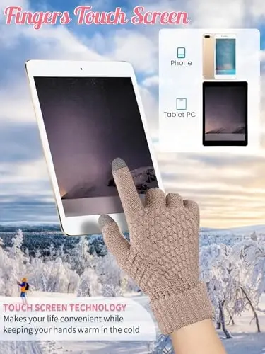 Jeere 4 Pcs Women Winter Glove and Hat Set Winter Hat Touchscreen Gloves Warm Knitted Beanie and Mittens for Women(Black, Caramel) - 4