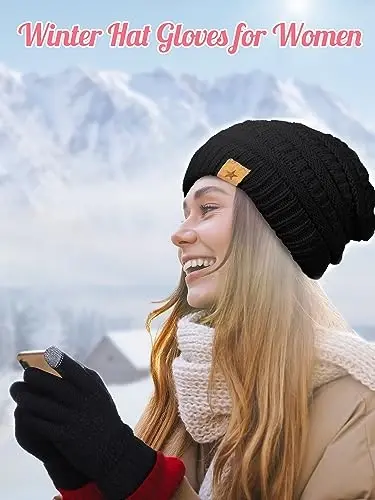 Jeere 4 Pcs Women Winter Glove and Hat Set Winter Hat Touchscreen Gloves Warm Knitted Beanie and Mittens for Women(Black, Caramel) - 5