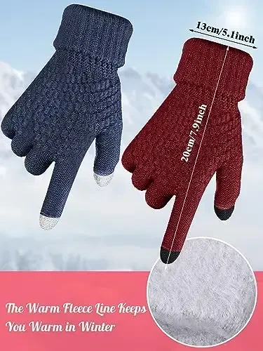 Jeere 4 Pcs Women Winter Glove and Hat Set Winter Hat Touchscreen Gloves Warm Knitted Beanie and Mittens for Women(Navy Blue, Wine Red) - 3