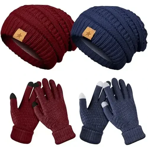 Jeere 4 Pcs Women Winter Glove and Hat Set Winter Hat Touchscreen Gloves Warm Knitted Beanie and Mittens for Women(Navy Blue, Wine Red) - 6