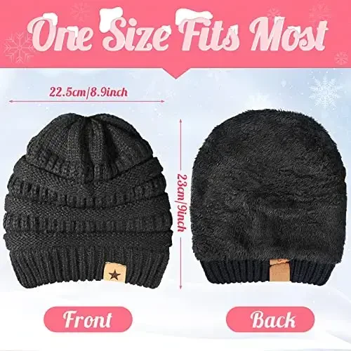 Jeere 4 Pcs Winter Hat and Gloves for Women Fleece Lined Knit Beanie Touchscreen Gloves Warm Skull Hat Set for Cold Weather(Pink, Black) - 2
