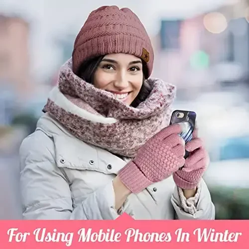 Jeere 4 Pcs Winter Hat and Gloves for Women Fleece Lined Knit Beanie Touchscreen Gloves Warm Skull Hat Set for Cold Weather(Pink, Black) - 5