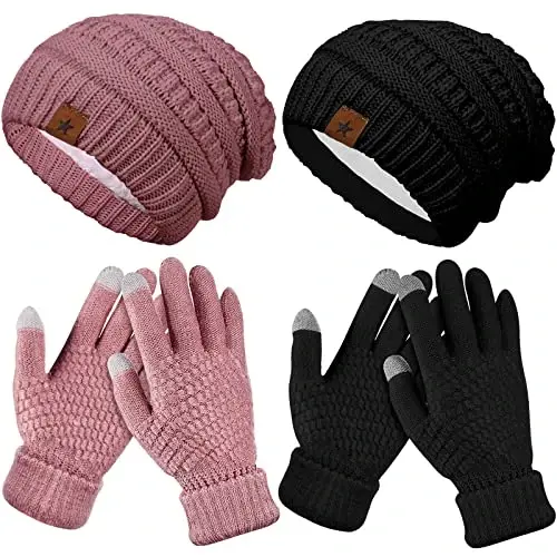 Jeere 4 Pcs Women Winter Glove and Hat Set Winter Hat Touchscreen Gloves Warm Knitted Beanie and Mittens for Women(Pink, Black) - 1