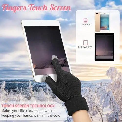 Jeere 4 Pcs Women Winter Glove and Hat Set Winter Hat Touchscreen Gloves Warm Knitted Beanie and Mittens for Women(Pink, Black) - 4