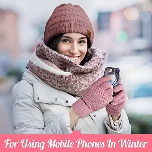 Jeere 4 Pcs Women Winter Glove and Hat Set Winter Hat Touchscreen Gloves Warm Knitted Beanie and Mittens for Women(Pink, Black) - 5