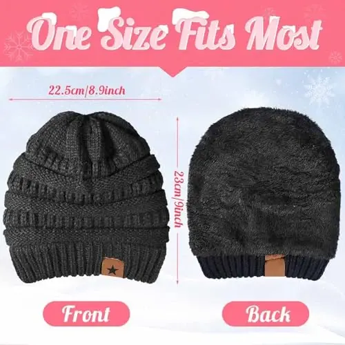 Jeere 4 Pcs Winter Hat and Gloves for Women Fleece Lined Knit Beanie Touchscreen Gloves Warm Skull Hat Set for Cold Weather(Black, Beige) - JEERE (1)