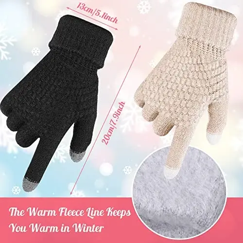 Jeere 4 Pcs Winter Hat and Gloves for Women Fleece Lined Knit Beanie Touchscreen Gloves Warm Skull Hat Set for Cold Weather(Black, Beige) 