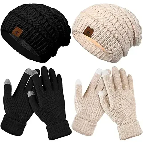 Jeere 4 Pcs Women Winter Glove and Hat Set Winter Hat Touchscreen Gloves Warm Knitted Beanie and Mittens for Women - Modazone (1)