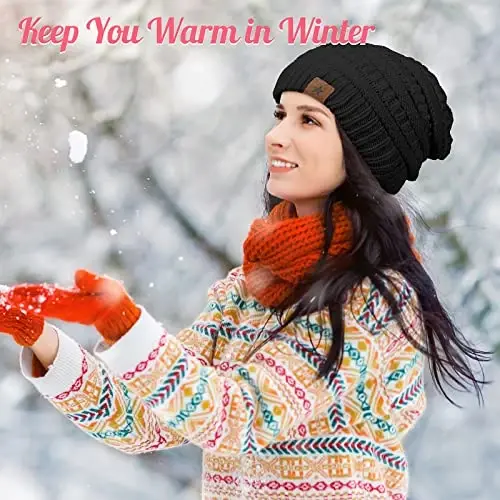 Jeere 4 Pcs Women Winter Glove and Hat Set Winter Hat Touchscreen Gloves Warm Knitted Beanie and Mittens for Women - 6
