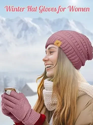 Jeere 4 dona ayollar qishki qo'lqop va shapka to'plami Qishki shapka Sensorli ekranli qo'lqoplar Ayollar uchun iliq trikotaj shapka va qo'lqoplar - 5