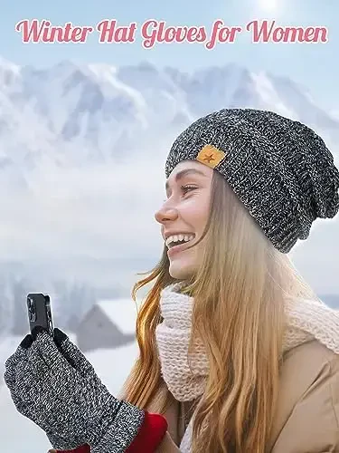 Jeere 4 dona ayollar qishki qo'lqop va shapka to'plami Qishki shapka Sensorli ekranli qo'lqoplar Issiq trikotaj shlyapa va qo'lqoplar ayollar uchun - 4